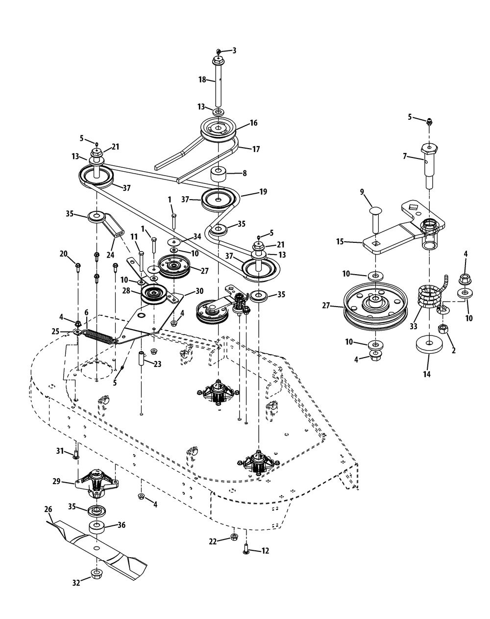 Spindle Assembly Deck 54-Inch Diagram and Parts List for Z-FORCE54 (17BF3AGX-17BF3AGX010)(2012) Cub Cadet Lawn Tractor